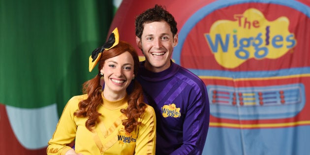 Emma Watkins and Lachlan Gillespie from children's band 'The Wiggles' pose between shows at the Golden Grove Arts Centre on May 5, 2015 in Adelaide, Australia.