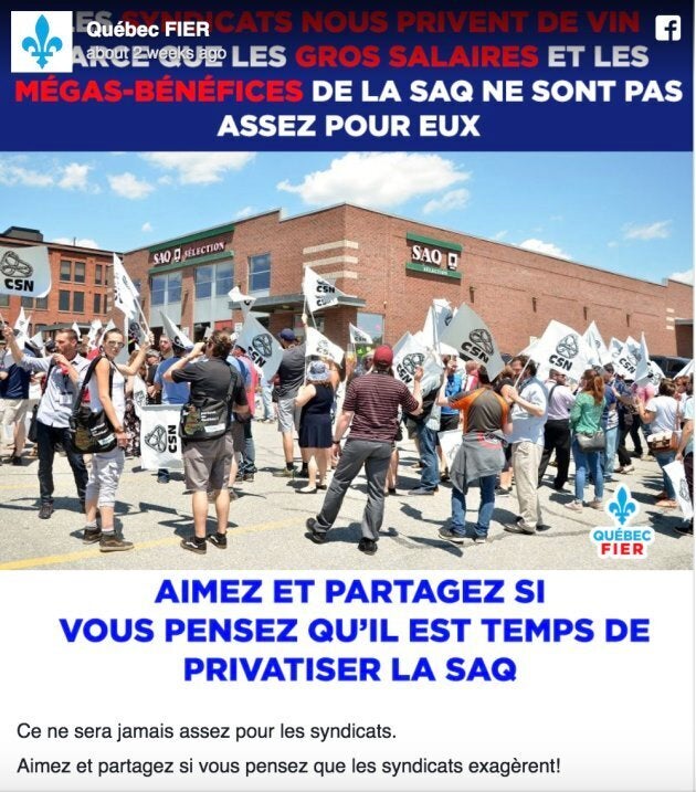 "It will never be enough for unions" reads the caption to this post calling for the privatization of the provincial government-owned SAQ. "Like and share if you think unions exaggerate!!"