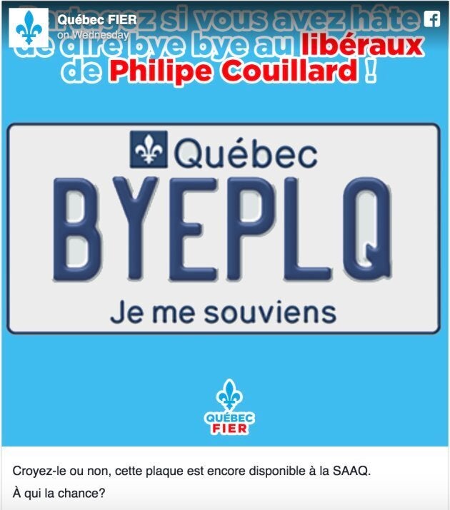 "Believe it or not, this plate is still available. Who wants it?" reads the caption. PLQ stands for Parti libérale de Québec.