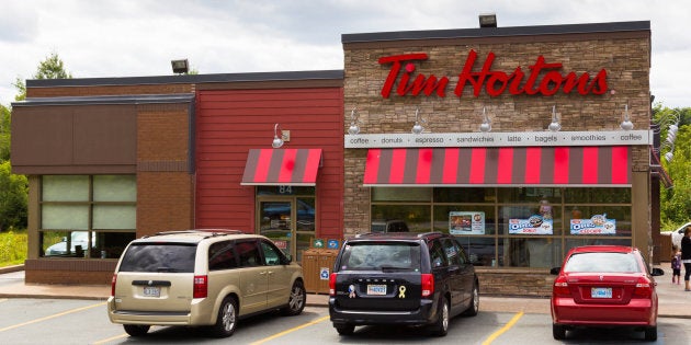 The outside of a Tim Hortons restaurant.