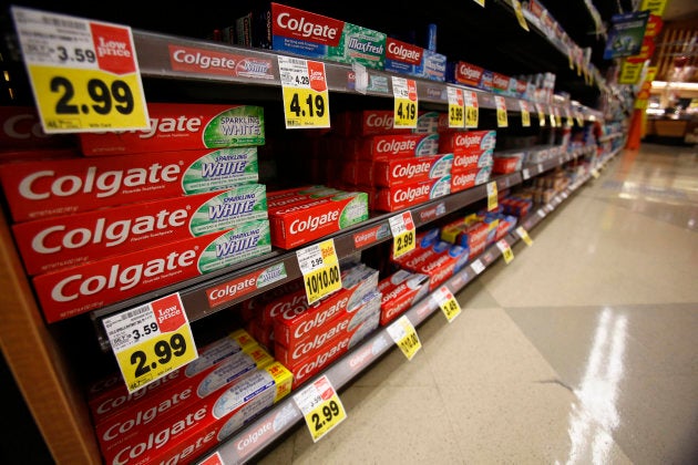 Colgate toothpaste is pictured on sale at a grocery store in Pasadena, California Jan. 30, 2014.