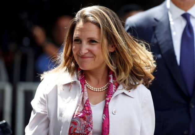 Foreign Minister Chrystia Freeland smiles after a meeting with Mexico's president-elect Andres Manuel Lopez Obrador in Mexico City on July 25, 2018.