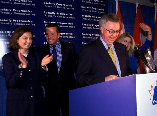 Joe Clark addresses supporters after winning the byelection in the riding of Kings-Hants in Wolfville, N.S. on Sept. 11, 2000. Clark's wife Maureen McTeer, left, Scott Brison, who gave up his seat for the byelection and Clark's daughter Catherine, right, are shown applauding.