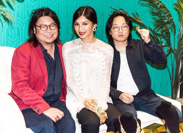 Kevin Kwan with actors Gemma Chan and Jimmy O. Yang at the 'Crazy Rich Asians' screening at The Prince Theater in Philadelphia on July 31, 2018.