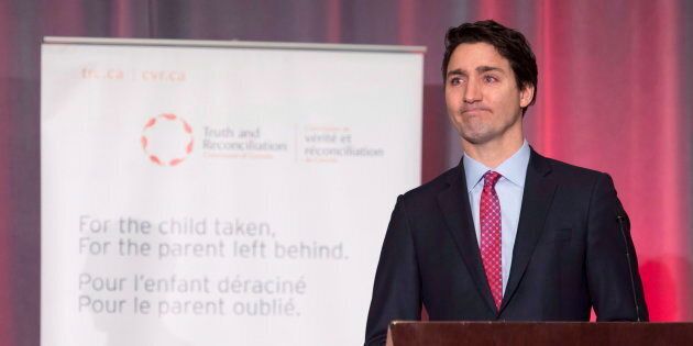 Prime Minister Justin Trudeau speaks on behalf of the government as the final report of the Truth and Reconciliation commission is released on Dec. 15, 2015 in Ottawa.