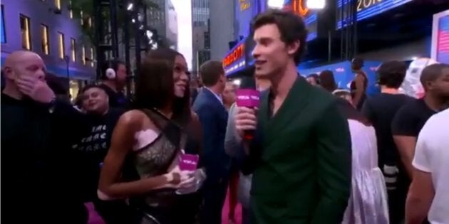 Winnie Harlow and Shawn Mendes represent Canada on the 2018 MTV VMAs pink carpet.