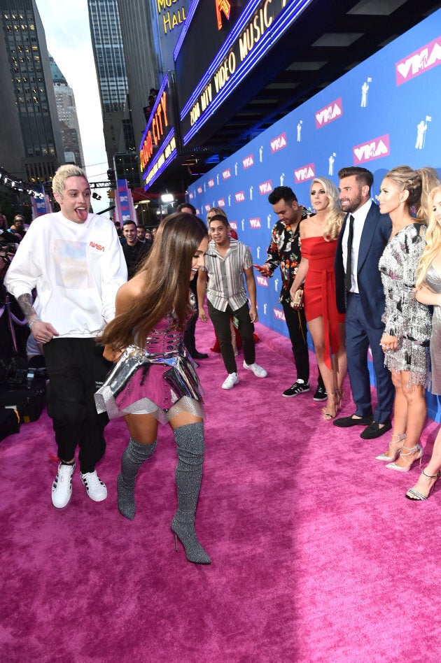 Pete Davidson and Ariana Grande walk past the cast of "The Hills" at the 2018 MTV Video Music Awards at Radio City Music Hall on Aug. 20, 2018 in New York City.