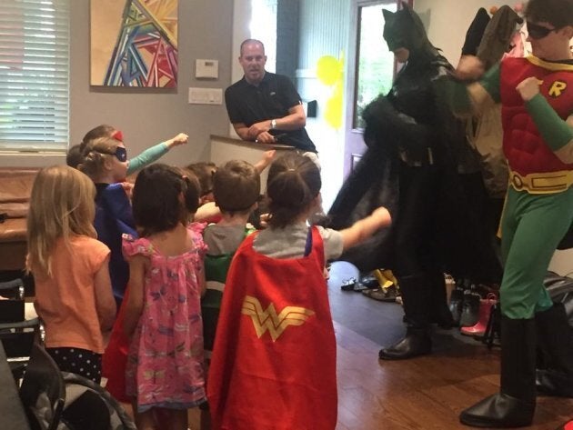 Milo's fourth birthday party with his "girlfriends", Batman and Robin