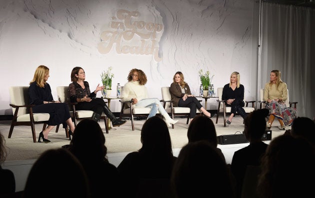 Laura Linney, Gillian Flynn, Elaine Welteroth, Drew Barrymore, Chelsea Handler and Gwyneth Paltrow speak on stage at the In Goop Health Summit on Jan. 27 in New York City.