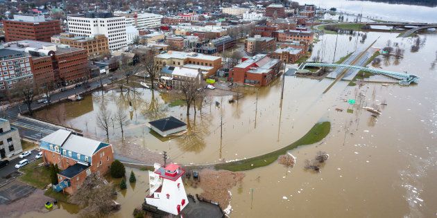 An aerial view of flooding in Fredericton, N.B., in the spring of 2018. The Saint John River is forecast to flood more frequently as global temperatures rise.