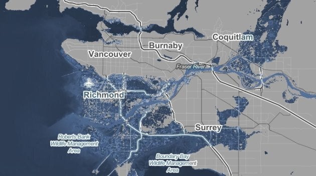 The screencap from Climate Central's website shows the extent of coastal flooding that Greater Vancouver could experience with a one-degree temperature rise.