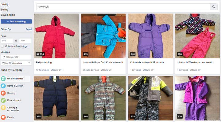 People selling used snowsuits on Facebook Marketplace in August.