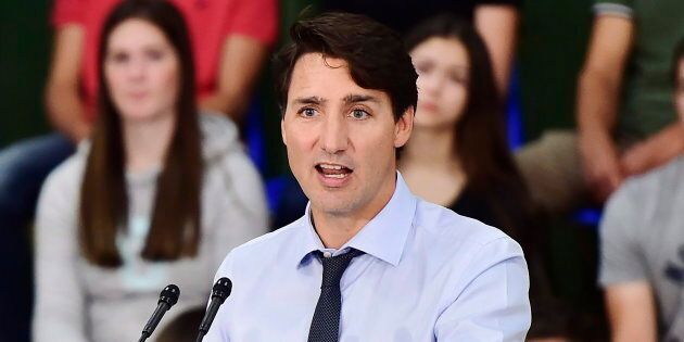 Prime Minister Justin Trudeau speaks to students at l'école secondaire catholique Cite des Jeunes in Kapuskasing, Ont. on Aug. 29, 2018.