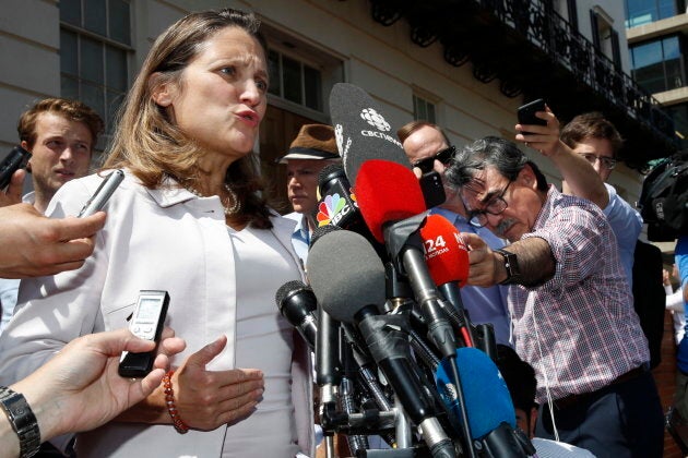 Foreign Affairs Minister Chrystia Freeland speaks to the media as she comments during a break in trade talks at the Office of the U.S. Trade Representative, Thurs. Aug. 30.