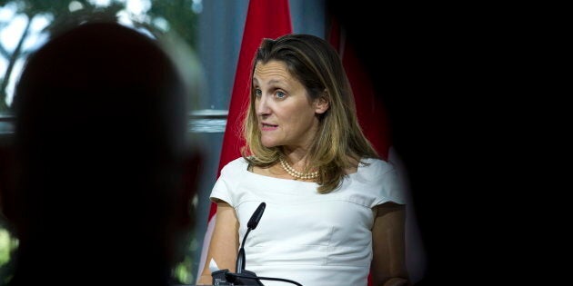 Foreign Affairs Minister Chrystia Freeland speaks in Washington on Aug. 31, 2018.