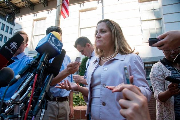 Canadian Foreign Affairs Minister Chrystia Freeland speaks prior to her meeting with U.S. Trade Representative Robert Lighthizer in Washington, D.C., on Aug. 30, 2018.