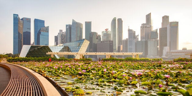 Singapore skyline of the business district and Marina Bay.