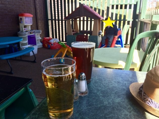 The author's brunch, with a side of "wee!" time. She never bores of posting these photos on social media, just as the novelty of being able to sit down to eat (or drink) never gets old.