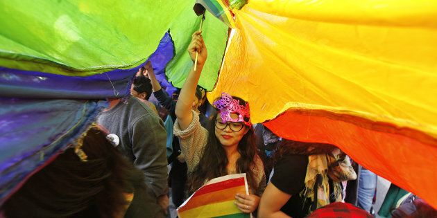 A LGBT rights activist holds rainbow flag during Delhi Queer Pride March from Barakhamba Road to Jantar Mantar on Nov. 29, 2015.