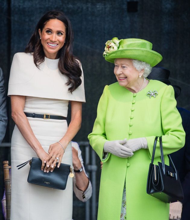 The Duchess of Sussex and the Queen at Mersey Gateway Bridge on June 14, 2018.