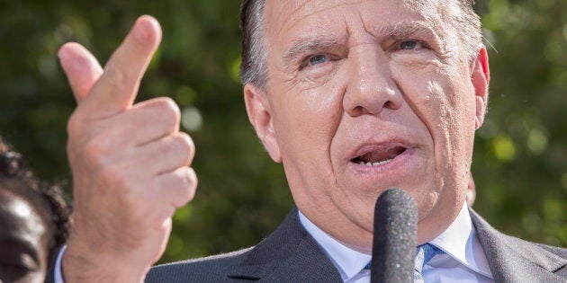 Coalition Avenir du Quebec Leader Francois Legault speaks to the media while campaigning on Sept. 7, 2018 in Montreal, Que.