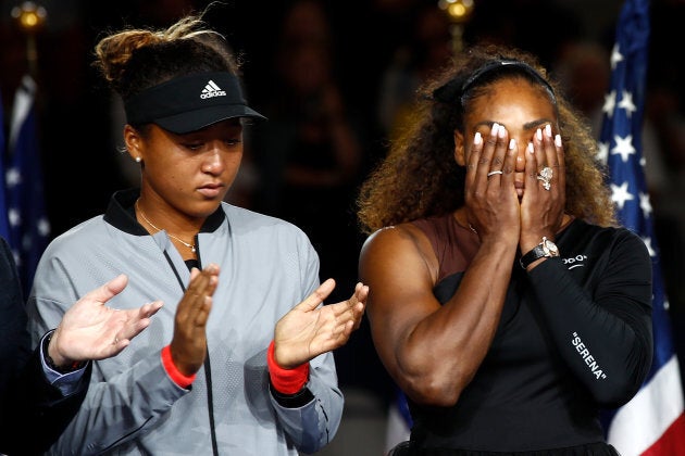 Serena Williams reacts while being interviewed after her defeat in the Women's Singles finals match to Naomi Osaka.