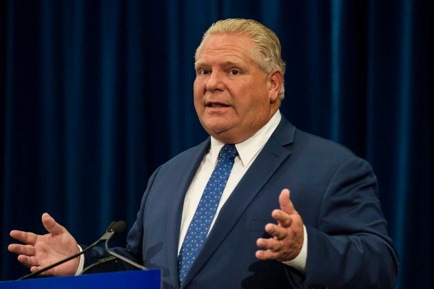 Ontario Premier Doug Ford speaks to reporters, in Toronto, on Sept. 10, 2018.