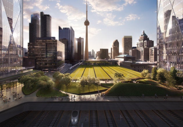 A rendering of greenspace between the two towers of CIBC Square, where Microsoft plans to move its Canadian headquarters.