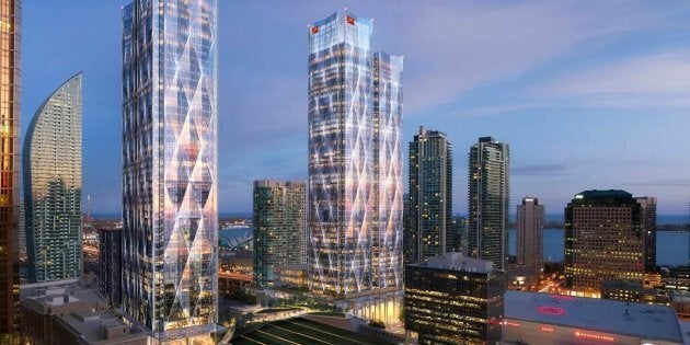 A rendering of CIBC Square, the office complex, currently under construction, that will house the Canadian headquarters of Microsoft.