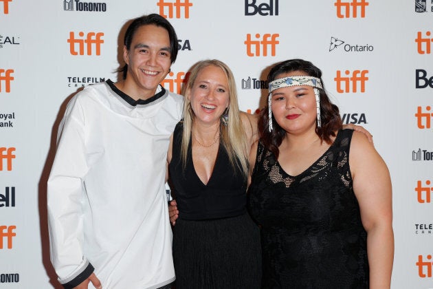 (L-R) Paul Nutarariaq, Miranda de Pencier, and Emerald MacDonald at the 'The Grizzlies' premiere at TIFF on Sept. 12, 2018.