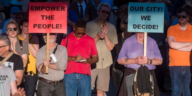 Protesters demonstrate against Ontario Premier Doug Ford in Toronto on Sept. 12, 2018.