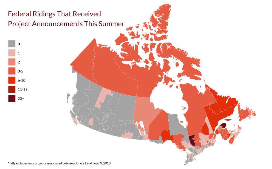 This map illustrates the concentration of federal riding-specific announcements made between June 21-Sept. 3, 2018.