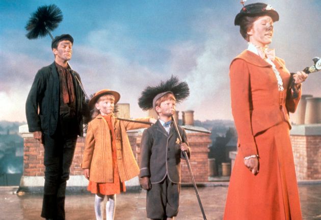 Actress Julie Andrews play Mary Poppins in the 1964 film with Karen Dotrice, Matthew Garber and Dick Van Dyke.