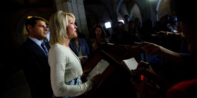 Conservative MPs Candice Bergen and Alain Rayes speak to reporters on Parliament Hill on Sept. 17, 2018.