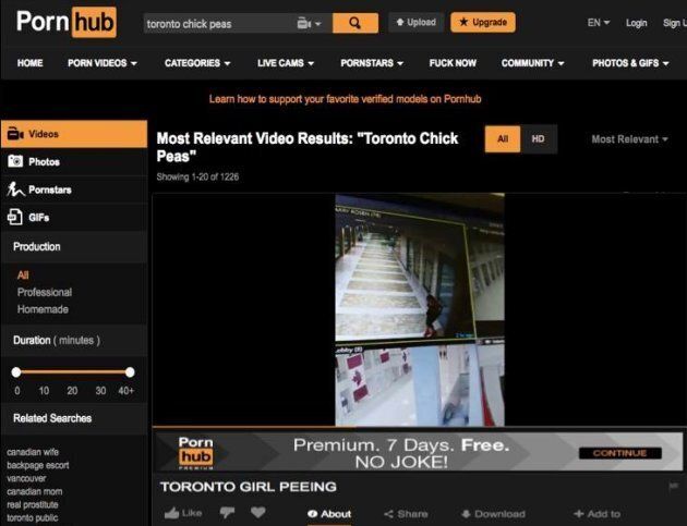A screengrab of Pornhub shows security footage taken from inside First Canadian Place in Toronto.