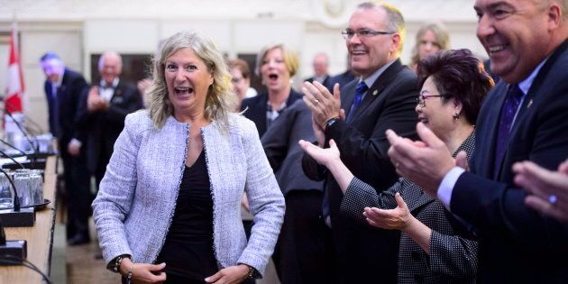 New Conservative MP Leona Alleslev is welcomed during the Tory caucus meeting on Parliament Hill on Sept. 19, 2018.