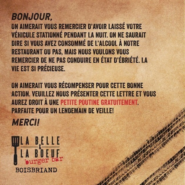 La Belle et La Boeuf Burger Bar will hand out this coupon to responsible drinkers, redeemable for one poutine each.