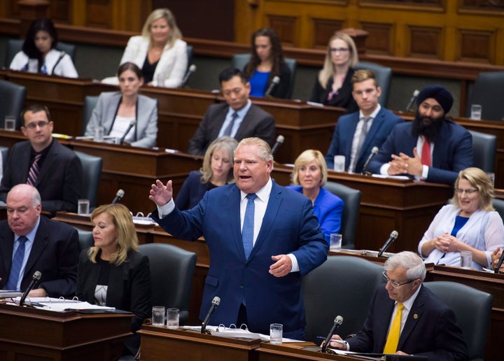 Ontario Premier Doug Ford speaks in question period in side the legislature at Queen's Park in Toronto on Sept. 17, 2018.