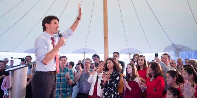 Prime Minister Justin Trudeau addresses the crowd at a Liberal fundraiser in Wolfville, N.S. on May 31, 2018.