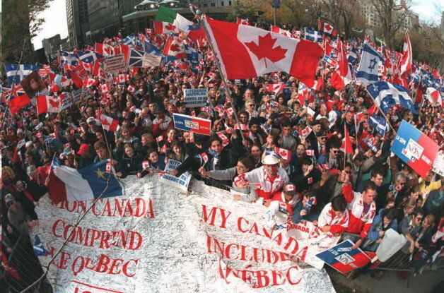 Thousands of Canadians rally in Montreal on Oct. 27, 1995 in a bid to persuade citizens of Quebec not to secede from Canada.