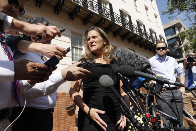 Foreign Affairs Minister Chrystia Freeland speaks to members of the media outside the U.S. Trade Representative office in Washington, D.C., on Sept. 19, 2018.