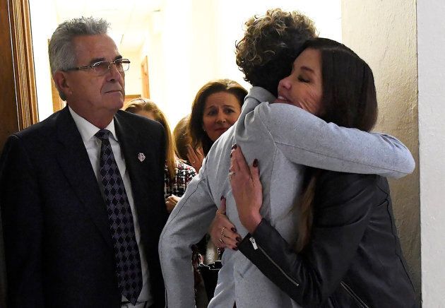 Andrea Constand embraces Janice Dickinson after the sentencing of Bill Cosby in Norristown, Pennsylvania on Sept. 25, 2018.