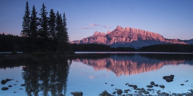 A sunrise at the Two Jack Lake in Banff National Park.