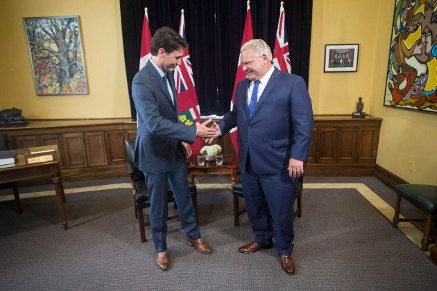 Prime Minister Justin Trudeau and Doug Ford meet at the Ontario Legislature in Toronto on July 5, 2018.