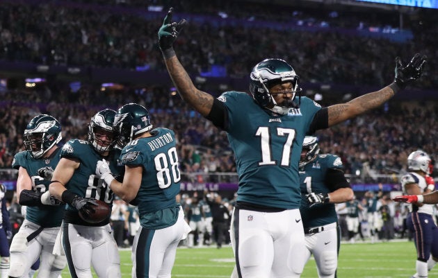 Zach Ertz of the Philadelphia Eagles celebrates a touchdown with team mates during Super Bowl LII in Minneapolis, Feb. 4, 2018.