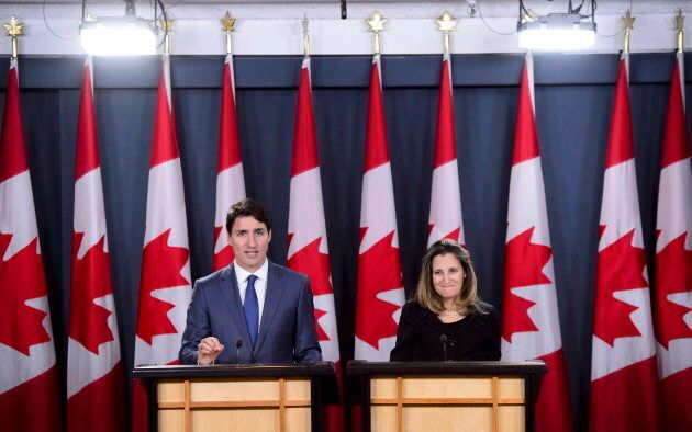 Prime Minister Justin Trudeau and Minister of Foreign Affairs Chrystia Freeland hold a press conference regarding the United States Mexico Canada Agreement (USMCA) at the National Press Theatre, in Ottawa on Oct. 1, 2018.