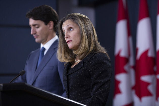 Prime Minister Justin Trudeau and Minister of Foreign Affairs Chrystia Freeland announce details of the USMCA at the National Press Theatre in Ottawa on Oct. 1, 2018.