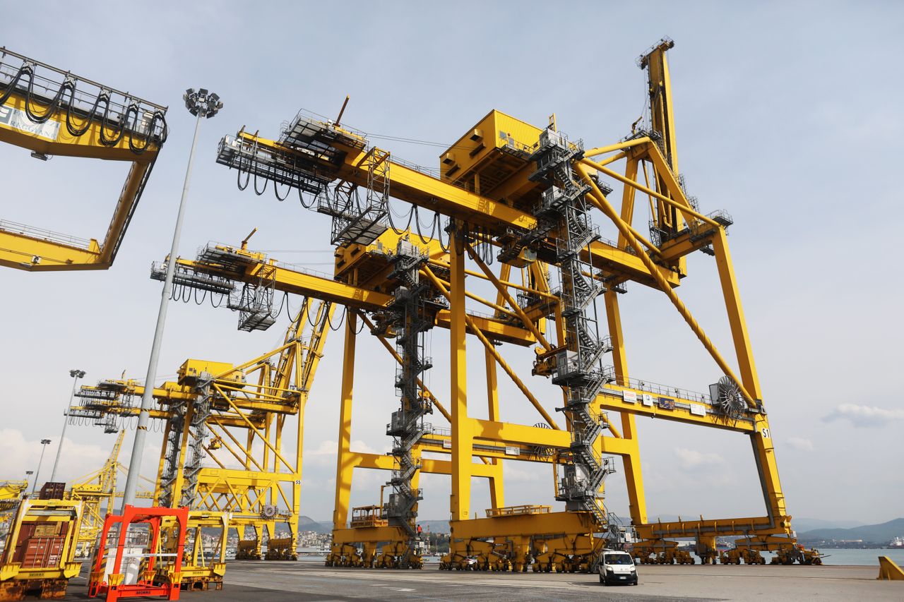 TRIESTE, ITALY - APRIL 2: A huge crane is seen at the Pier VII at Trieste's new Port on April 2, 2019 in Trieste, Italy. The historic city of Trieste is preparing to open its new port to China, with Italy becoming the first Group-of-Seven nation to sign on to China’s “One Belt, One Road” infrastructure project. The deal primes Trieste to receive investment from China as it eyes a faster trade route into the heart of Europe. Among the qualities that make Trieste a desirable port of call: 70km of internal railways that are integrated with national and international networks; an elevated roadway that directly connects to the external road system; and deep sea beds up to 18 meters. China sees Trieste as a natural crossroads between the East and the West, a shipping route between Europe and East Asia that is four days shorter than routes to the ports in Northern Europe. For a line of 6,000 TEU container vessels, this translates into an economic saving on freight and fuel costs of over $25 million a year, according to Trieste’s port authority. (Photo by Marco Di Lauro/Getty Images)