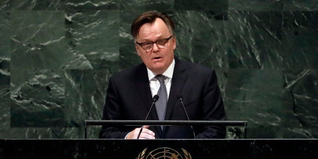 Canada's UN Ambassador Marc-Andre Blanchard addresses the 73rd session of the United Nations General Assembly, at U.N. headquarters on Oct. 1, 2018.