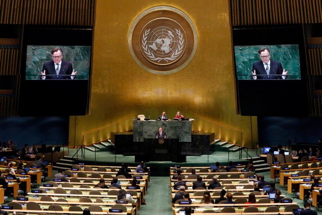 Canada's UN Ambassador Marc-Andre Blanchard addresses the 73rd session of the United Nations General Assembly, at U.N. headquarters on Oct. 1, 2018.